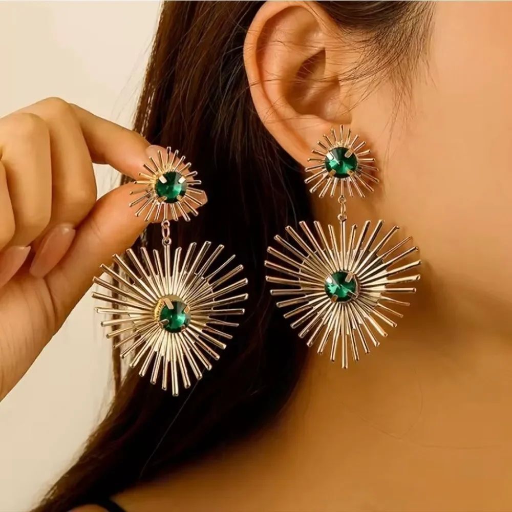 Green RhineStone Gold Heart Spiked Drop Earrings